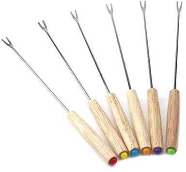 Crapyt Fondue Forks with Wooden Handle Heat-resisted Assorted Color 6 PCS for Barbecue Roasting Sticks Picnic Cheese Chocolate Fountain Fondue Hot Pot Marshmallow Fruit Meat