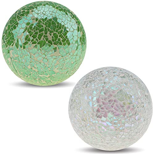 Yatinkim Mosaic Balls Decorative 8.5cm Glass Ball Decor Orbs Table Sphere 2pcs for Party Living Room Centerpiece Bowls Vases Tray Green White