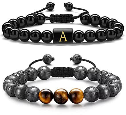 TINGN Herren Armband Tigerauge Armband, 8 mm Naturstein Armband Herren Initial Obsdian Armband Tigerauge Lavagestein Perlenarmbander für Frauen Männer Yoga Armband Geburtstagsgeschenk für Männer (A)