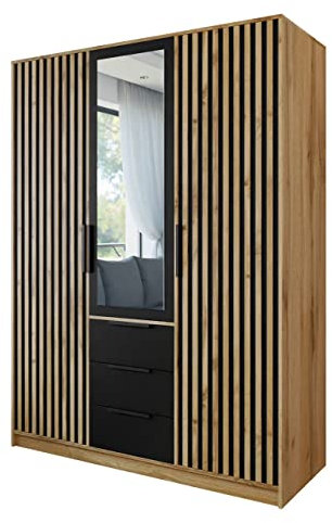 Mirjan24 Drehtürenschrank Bado Lux 3D, Kleiderschrank mit 3 Schubladen und Spiegel, Elegantes Schlafzimmer Schrank mit Spiegeltüren, Jugendzimmer (Eiche Wotan/Schwarz + Eiche Wotan)