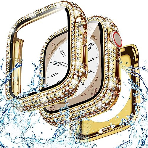 Goton 2 in 1 Waterproof Bling Case for Apple Watch 44mm Screen Protector SE (2nd Gen) Series 6 5 4, Full Glitter Diamond Rhinestone Bumper Face Cover for iWatch Accessories Women 44 mm Gold