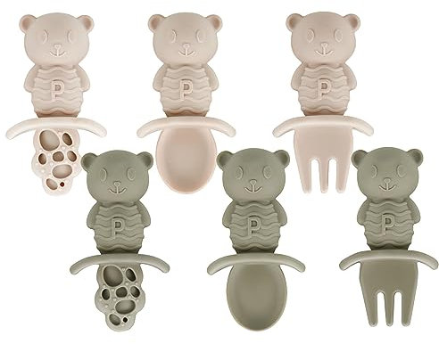 PandaEar 6 Pack de Cuillères et Fourchettes d'Initiation à l'Alimentation pour Bébé 6+ Mois | Cuillères et Fourchettes en Silicone pour Bébé, Ustensiles d'Auto-alimentation -Beige Clair/Noix