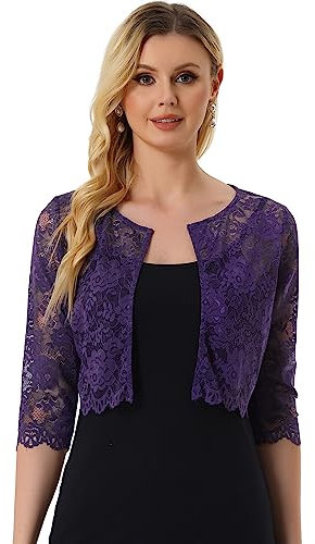 Allegra K Elegante cardigan corto da donna in pizzo floreale trasparente Bolero coprispalle, Viola scuro, S