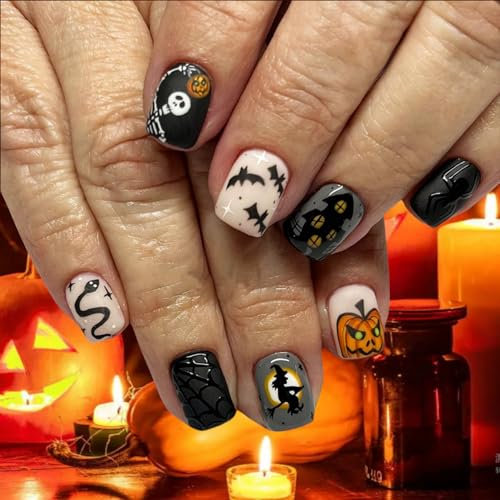 Halloween Nägel Press kurz Quadrat Nägel Schwarz, KXAMELIE Acryl Nägel Klebestreifen mit Kürbis Design, Soft Gel Nägel stark Press ons, Fake Nägel für Mädchen auf Nägel für Frauen in 24PCS.