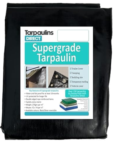 Super Grade Tarpaulin 10.0m X 6.0m 270gsm Black/Silver Ultra Heavy Duty Tarp Sheet with Metal Eyelets