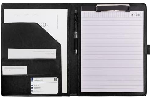 VANRA Porte-bloc en cuir pour entretiens, documents juridiques, format A4, bloc-notes, bloc-notes avec porte-cartes de visite (noir)