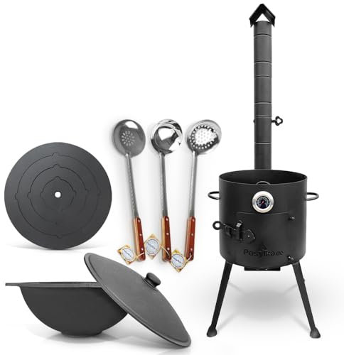 Feuerofen Ø 36 сm mit Thermometer und Herdplatte 4 Ringe 40 cm Gusseisen Kazan flacher Boden mit Deckel Ø 36,7 cm (10 L) 2 Schaumlöffel Schöpfkelle 48 cm (08602373)