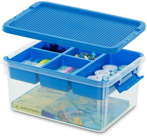 Citylife Aufbewahrungsboxen mit Deckel, Blau, 16L aus Kunststoff mit abnehmbarem Tablett, Verstärkte Kisten Bastelaufbewahrungs box klein für die Organisation von Werkzeug, Handwerk