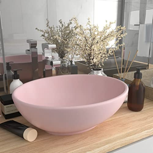 Lavandino Lusso Ovale Rosa Opaco 40x33 cm in Ceramica,Lavabo da appoggio ovale in ceramica rosa opaco, elegante e moderno per bagno e toilette