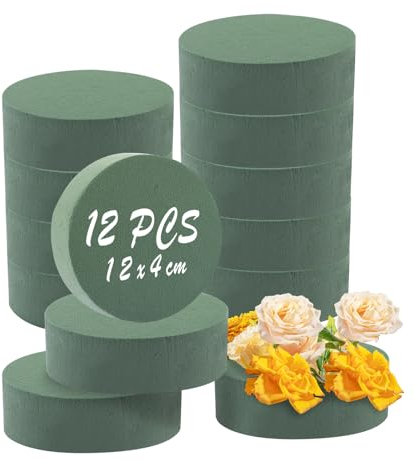 LOPYXBR 12 Stück Steckschaum Rund 12x4 cm Steckmoos Trocken Blumensteckschaum Zylinder Grün Steckmasse Steckschaum für Kunstblumen, Basteln Deko, Hochzeit, Kunstblumen, Party