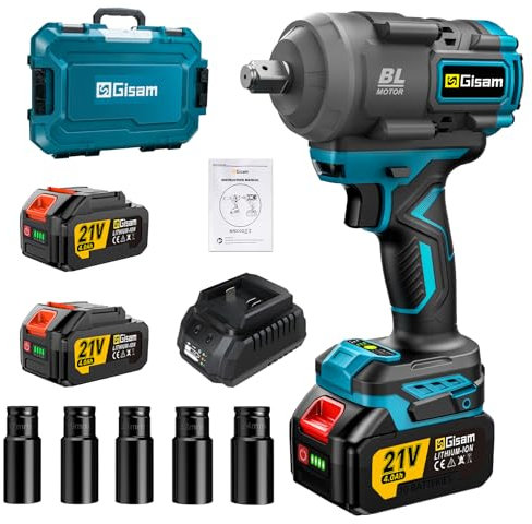 Gisam 850Nm Akku Schlagschrauber mit 8000mAh Akkus und Schnellladegerät, 1/2 Bürstenloser Akku Schlagschrauber Reifenwechsel mit 5 Steckschlüsselsatz für Autos, Gerüst (000-Mit 2 Akku)