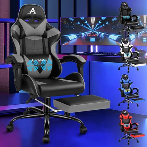 ALFORDSON Silla para Videojuegos, Silla de Escritorio de Oficina ergonómica, Silla de Carreras con Masaje, reposapiés retráctil, Altura Ajustable y reclinable, Capacidad de 180kg, Cuero de PU, Gris