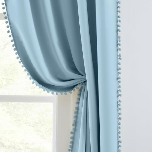 Melodieux Blaue Verdunkelungsvorhänge, 160 cm Länge, Pompon-Boho-Vorhänge, 2 Paneele für Schlafzimmer, Wohnzimmer, Verdunkelung, wärmeisolierte Vorhänge für Kinderzimmer, elegante Baumwolle