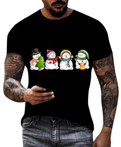 Herren Kurzarm T-Shirt Regular Fit Rundhals Freizeithemd Lustig 3D Schneemann Druck Weihnachtsshirt Funky Trend Weihnachtshemd Mode Casual Hawaiihemd Leicht Luftig Xmas-Shirt