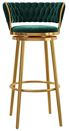 Barstühle, drehbarer Barhocker aus Samt, 1er-Set, moderner Barhocker mit Fußstütze aus Metall, Barstuhl mit gewebter Rückenlehne für Kücheninsel, Wohnküche, Grün (goldene Beine 1 Stück, 65 cm) Beauty