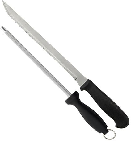 Well Home - Set de Cuchillo jamonero (Hoja 25cm) y Chaira (21cm) en Acero Inoxidable