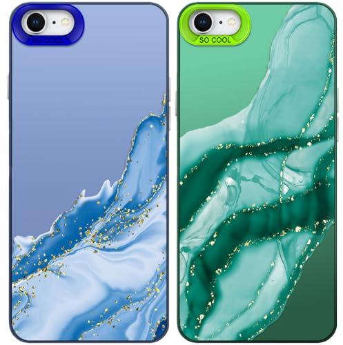 Tedyhulle 2 Stück Handyhülle für iPhone 7/8/SE 2020/SE 2022, Ästhetisches Marmormuster, Weiche TPU-Stoßstange mit hartem PC-Fall, Stoßfeste Kratzfeste schützende Handy-Hülle, Grün und Blau
