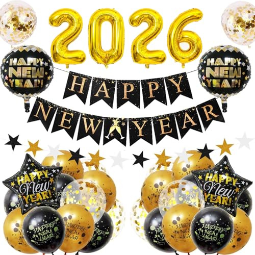 Silvester Deko 2026 XXL Party Set, Neujahr Deko 2026, Happy New Year Girlande, 2026 Folienballons, Schwarz Gold Luftballons Set Neujahrsballon für Silvesterparty Neujahr Deko