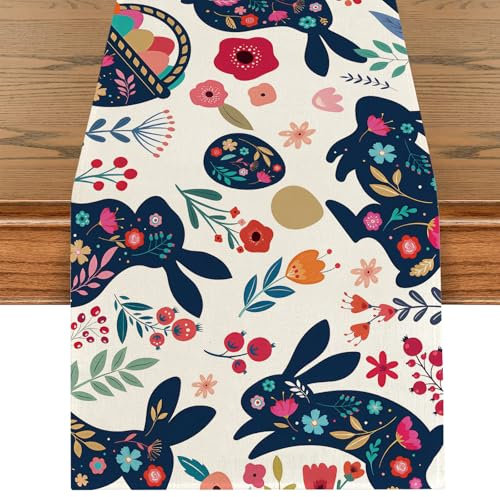 Ostern Tischläufer, Ostereier Tischband, Frühling Blumen Tischläufer Osterhase Tischdeko, Tischdekoration für Drinnen Draußen Party Osterdeko Frühlingdeko, 40 x 240 cm
