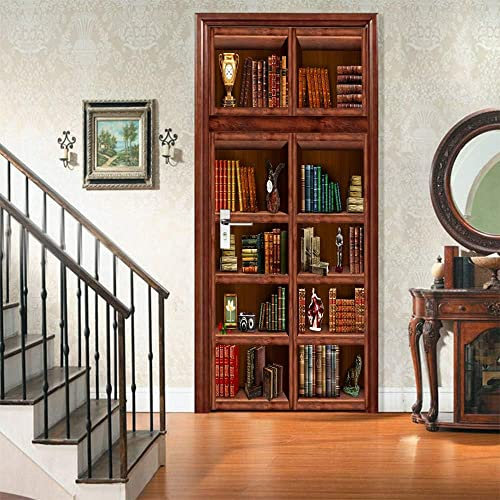 Tizhweqo Adesivi per Porte Interne Libreria Adesivo Porta 3D Biblioteca Murale Decorazione da Parete Poster per Soggiorno Camera da Letto Autoadesiva Carta da Parati 80x210 cm a1821