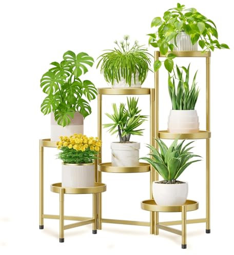 iDavosic.ly Pflanzenständer Metall Groß mit 7 Etagen, Blumenständer Pflanzenregal Blumenregal Indoor Outdoor, Faltbar Blumentreppen Innen Plant Stand Shelf für Garten Balkon Wohnzimmer (Rund, Gold)