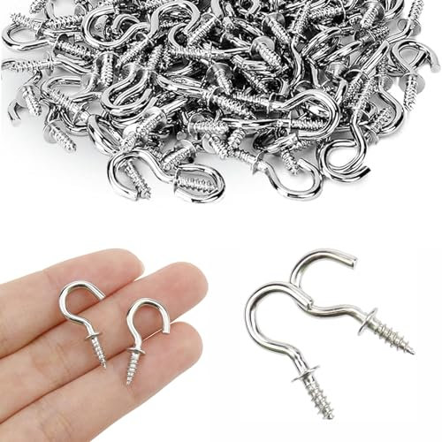 RGEVGER 100 Pcs Screw Hooks, Stainless Steel Heavy Duty Cup Hooks, Mini Ceiling Hook Screws, Screw in Self Tapping Ceiling Fasteners, for Hanging Plants Mug Arts Decorations LED Lights (Silver)