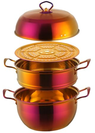 Dampfgarer aus Edelstahl, 3-stufig, 24,5 cm, Dampftopf-Set mit Edelstahldeckel, stabile Griffe for sicheres Kochen, Verwendung auf Induktions- und Gasherden(Colored red)