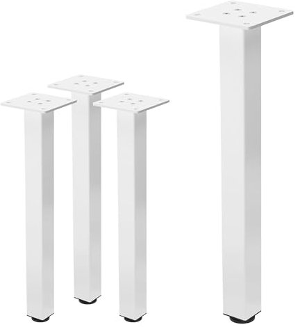 ML-Design Lot de 4 Pieds de Table I-Design 42cm, Blanc Brillant, Industriel, Acier Laqué, Carré, Profil 4x4 cm, Pieds de Meuble Réglables en Hauteur 1-4 cm, Pieds de Support de Table Basse Banc Buffet