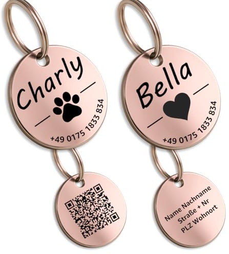 Hundemarke mit Gravur - Personalisiert - Edelstahl - ⌀30mm - Roségold - Namensschild für Halsband - Dog Tag - Anhänger Marke für Hunde - mit Symbolauswahl - Tiermarke für Hunde, Katzen, Welpen, Pferde