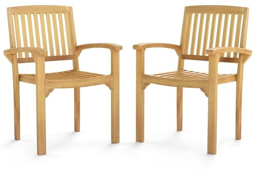 COSTWAY Outdoor Dining Chair Set of 1/2, Teak Wood Garden Chairs with Armrest, Slatted Seat & Back, Patio Bistro Chair Deck Armchair for Balcony, Backyard, Lawn and Poolside, Natural (2)