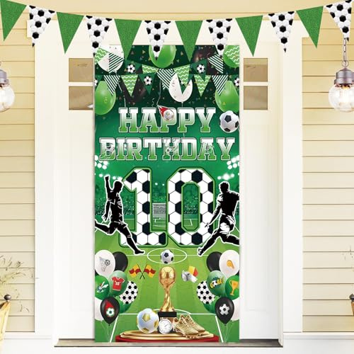 XIEXIESHER Fussball Deko 10 Geburtstag Kinder Banner, Happy Birthday Fußball Geburtstagsdeko, Grün Großes Fotografie Hintergrund für Jungen Kindergeburtstag Indoor Outdoor Sport Party (185 × 90cm)