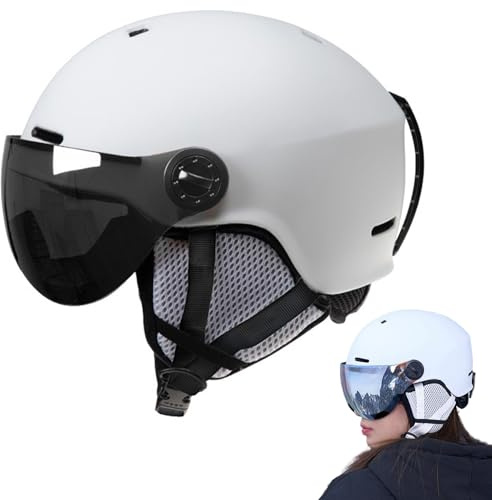 Ski Helmet with Goggles, 2-in-1 Snowboard Helmet with Visor Goggles & Detachable Ear Muffs for Adults Snowboarding Winter Sports (White)