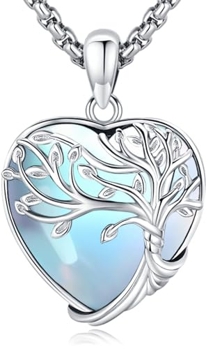 Eusense Collier Arbre de Vie Coeur avec Pierre de Lune Arbre de Vie Pendentif Cadeau Anniversaire, Saint-Valentin pour Elle, Bijou Fin pour Femme