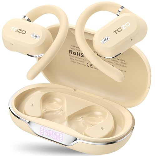 TOZO OpenWear Open-Ear Headphones, AI Translation Earbuds for 164 Languages, Bluetooth 5.4 with Smart Digital Display, Fast Charging, ENC Noise Cancelling Running Headphones for Sports, Office (Khaki)