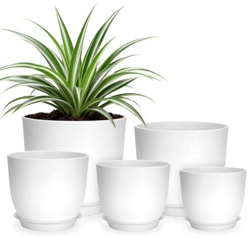 KINGLAKE 5 Pièces Pot de Fleur avec Soucoupes, 17.8/16/14/12.5/11.5 cm Pot Plante Plastique, Petit Cache Pot, pour Interieur Exterieur Jardin Succulentes Herbes-Blanc