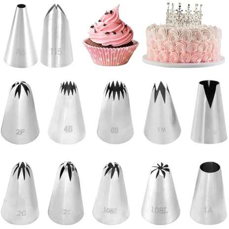 12er Set Profi Spritztüllen Große, Wiederverwendbarer Edelstahl Tüllen | Spritztüllen kompatibel Spritzbeutel für Kuchen, Torten, Cupcakes, Keksen-Dekoration