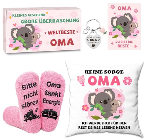 LOYEBOHU Oma Geschenk Oma Geschenk zum Geburtstag Muttertag Weihnachten, Beste Oma Weihnachtsgeschenke Muttertagsgeschenk Geburtstagsgeschenk (Kissenbezug + Socken + Schlüsselanhänger + Karte)