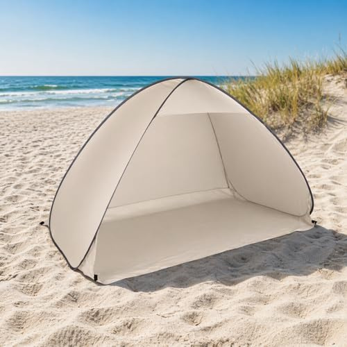 Mojawo Tenda da lancio automatica XL Pop Up, tenda da spiaggia, protezione solare da campeggio, antivento, per esterni, con custodia, beige, altezza 110 x larghezza 200 x profondità 125 cm