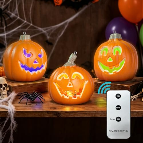 Halloween Deko Kürbis, Halloween Deko Outdoor Indoor, LED Kürbis Herbstdeko | Halloween Kürbis Deko Draußen, Mit Fernbedienung, 3 Beleuchtungsmodi, 3 Stück Halloween Deko Garten, Deko Herbst Innen Tisch