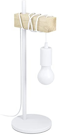 EGLO Tischlampe Townshend, 1 flammige Vintage Tischleuchte im Industrial Design, Retro Lampe, Nachttischlampe aus Stahl und Holz, Farbe: Weiß, braun, Fassung: E27, inkl. Schalter
