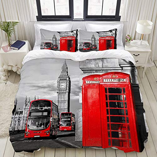 SnowXXL Bettwäsche-Set, Mikrofaser,Londoner Symbole mit Big Ben, Double Decker Bus und roten Phone Booths in England,1 Bettbezug 135 x 200cm + 2 Kopfkissenbezug 80x80cm