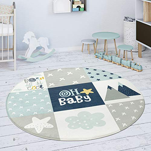 Paco Home Kinderteppich Teppich Kinderzimmer Spielmatte rutschfest Modern Rauten Sterne Grau Blau Weiß, Grösse:120 cm Rund