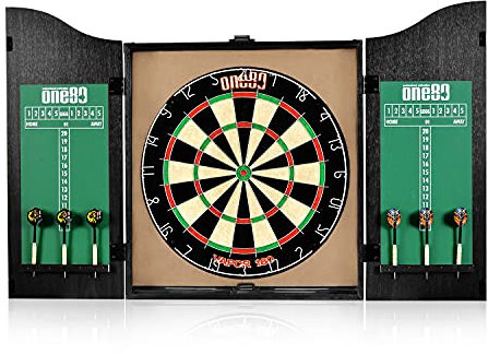 ONE80 All-in-One Dartgame Center mit selbstheilender Sisal/doppelseitiger Dartscheibe & Multifunktionsschrank, 6 Steeltip Darts und Montageset enthalten (Vapro Bristle Board Cabinet Set Schwarz)