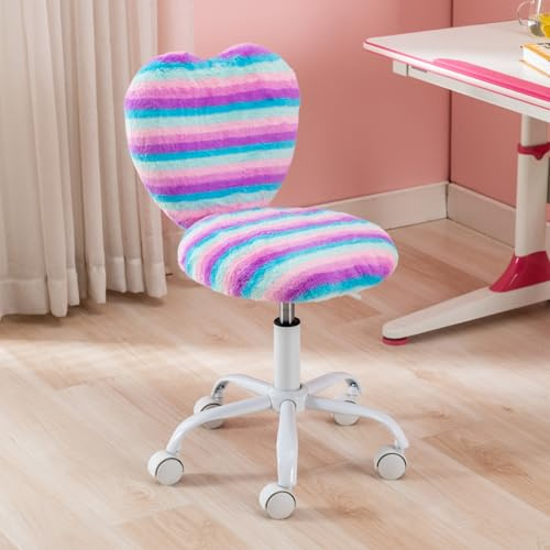 chairus Kinder-Schreibtischstuhl, Herzförmig, Höhenverstellbar, Regenbogen | Niedlicher Drehstuhl mit weichem Kunstfellbezug, herzförmiger Rückenlehne, armloses Design, mit Rollen, Sitzhöhe 42-49 cm