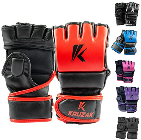 Kruzak MMA Gloves, Men and Women’s Half-Finger Boxing Mitts, Hand Wraps with Open Palms for Grappling, Kickboxing, Sanda, Sparring, Muay Thai (L/XL, Red)