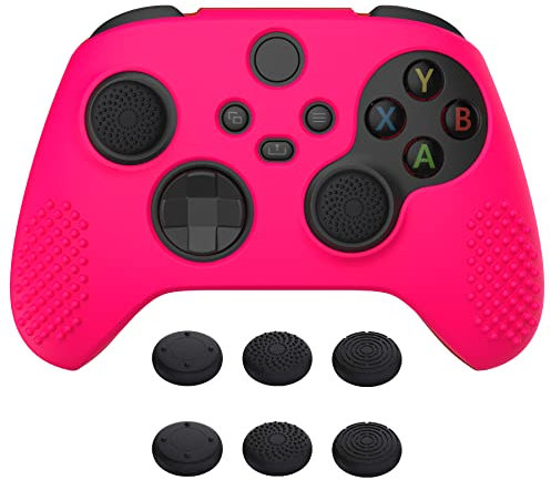 eXtremeRate PlayVital Funda de Silicona para Xbox Series X S Protector Carcasa Antideslizante con 6 Tapas de Joysitcks Funda de Goma para Xbox Series S X Mando(3D Tachonado-Rosa Vivo)