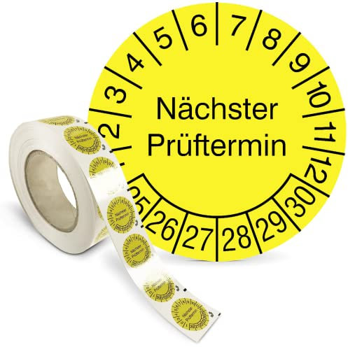 Betriebsausstattung24 Prüfplakette „Nächster Prüftermin“ - Rolle mit 1000 Stück - PVC-Folie, selbstklebend Ø 1,5 cm - gelb/schwarz - Jahre: 2025 – 2030 - Mehrjahresprüfplakette - Prüfetiketten