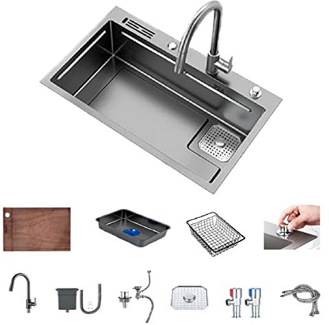 HGTRH Fregadero Cocina 1 Seno sobre Encimera, Fregadero Gris 1 Seno y Escurridor, Fregadero Bajo Encimera Gris INOX, Fregadero Bajo Encimera INOX Brillo con Pulverizador Desplegable