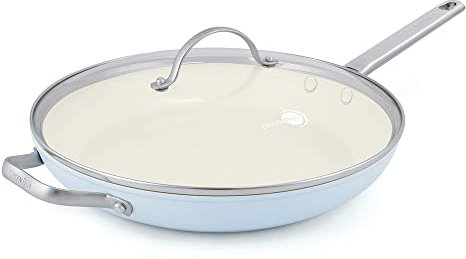 GreenPan Padova Hard Anodized Healthy Ceramic Nonstick, 12 Frying Pan Skillet with Lid and Helper Handle, PFAS-Free, Dishwasher Safe, Light Blue