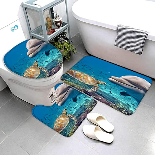 AOLIGL Badematte Delfin Schildkröte Meer Blau Badematten Set rutschfest Waschbar Badgarnitur 3teilig - WC Deckelbezug U-förmigen Contour Badezimmerteppich Matte Flauschige Mikrofaser